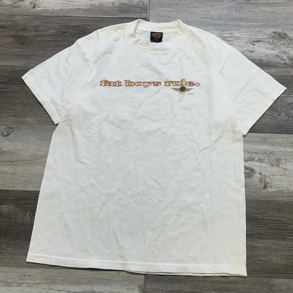 Vintage 1996 Tultex White Mens L Fat‎ Boys Rule Harley Davidson Tshirt 90s